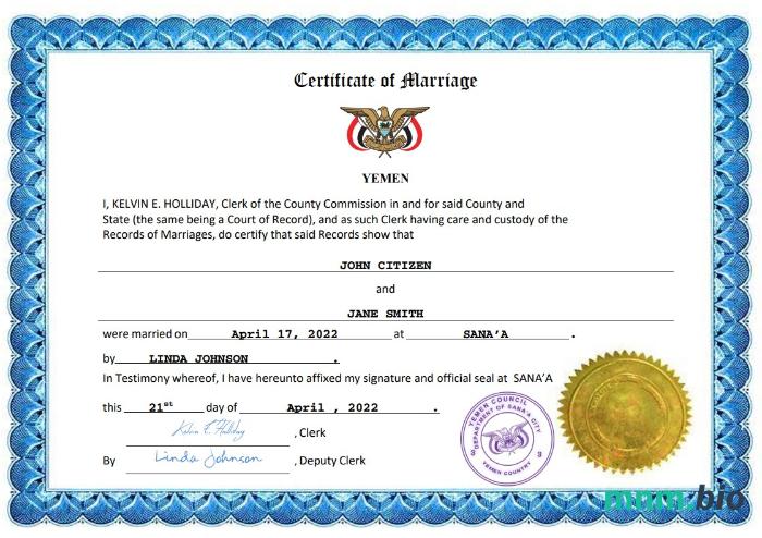 Yemen akt małżeństwa Word i PDF szablon
